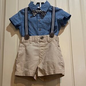 Cat & Jack Infant 18 month Four Piece Outfit—Shirt/Shorts/Suspenders/Bow Tie